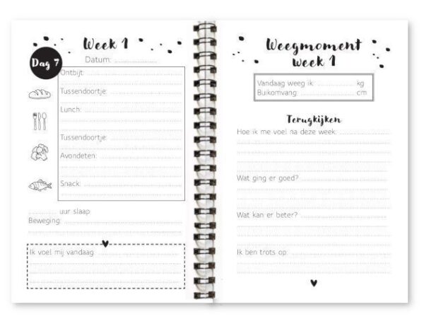 Binnenwerk afslankdagboek fyllbooks invulpagina's weekoverzicht