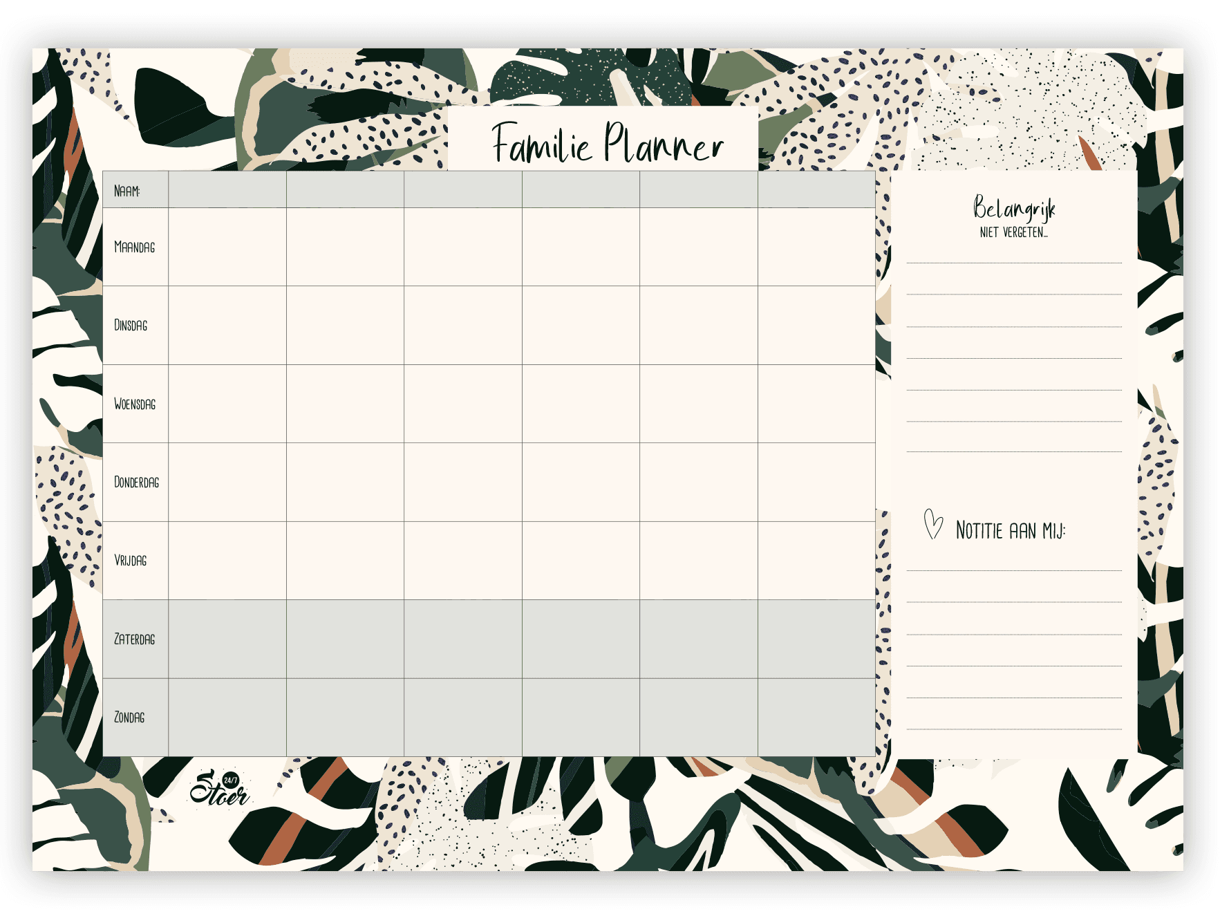 Stoer Familieplanner Leaf - A4 ⋆ Invulboekjes.nl
