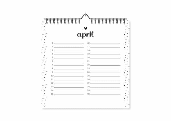Fyllbooks Verjaardagskalender Zwartwit April
