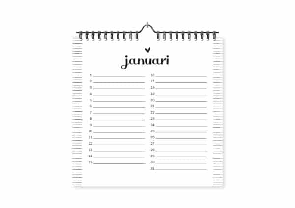 Fyllbooks Verjaardagskalender Zwartwit Januari