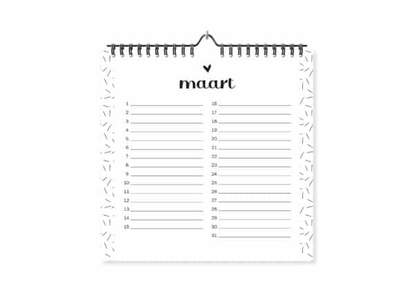Fyllbooks Verjaardagskalender Zwartwit Maart